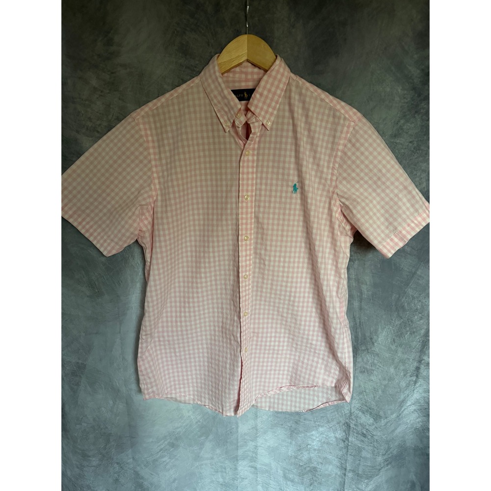 Ralph Lauren Mens Pink Gingham Short Sleeve Light Academia Button Down Size M